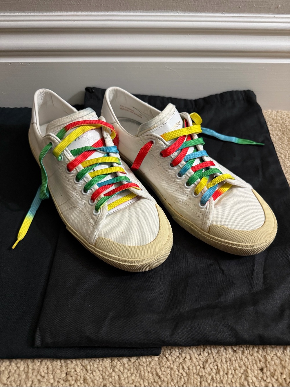 Saint Laurent White Canvas Sneakers with Rainbow Laces